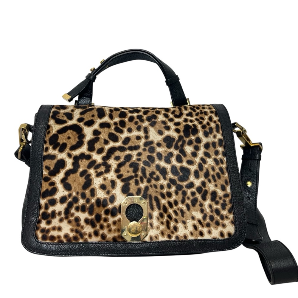 Stuart Weitzman Black Leather & Faux Fur Leopard Print Shoulder Bag Italy